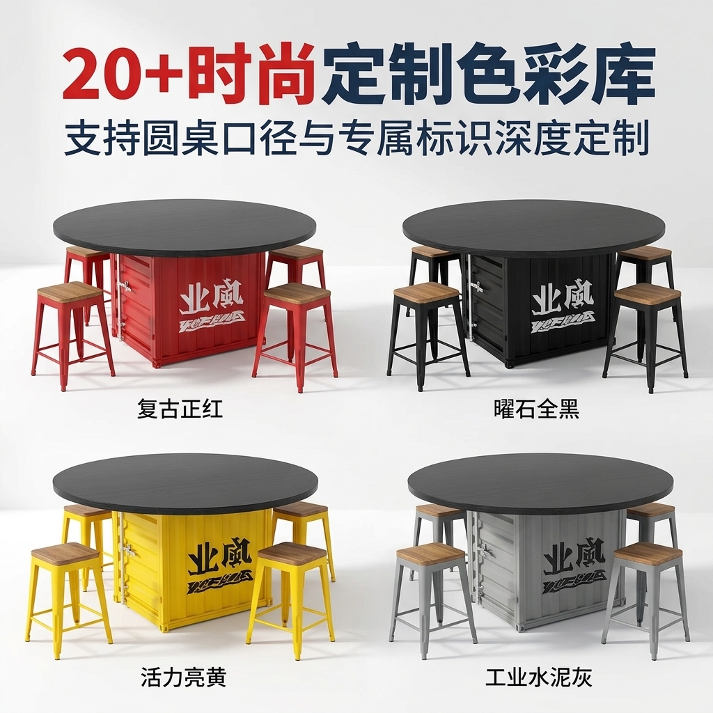 工业风实木餐桌网红烤肉店烧烤店多人包厢个性铁艺圆形餐桌椅组合 - 产品图片