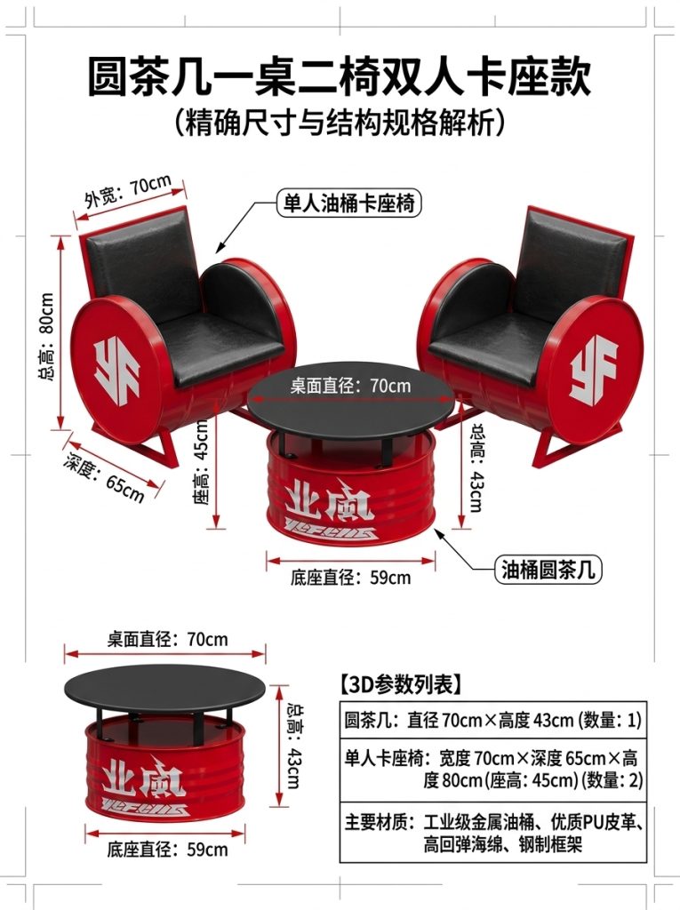 工业风卡座沙发凳酒吧咖啡厅奶茶店清吧定制铁艺创意油桶桌椅组合 - 产品图片