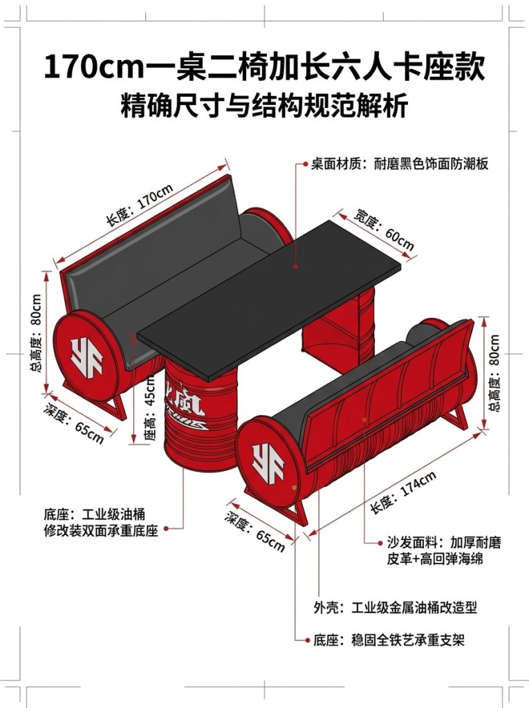 工业风卡座沙发凳酒吧咖啡厅奶茶店清吧定制铁艺创意油桶桌椅组合 - 产品图片