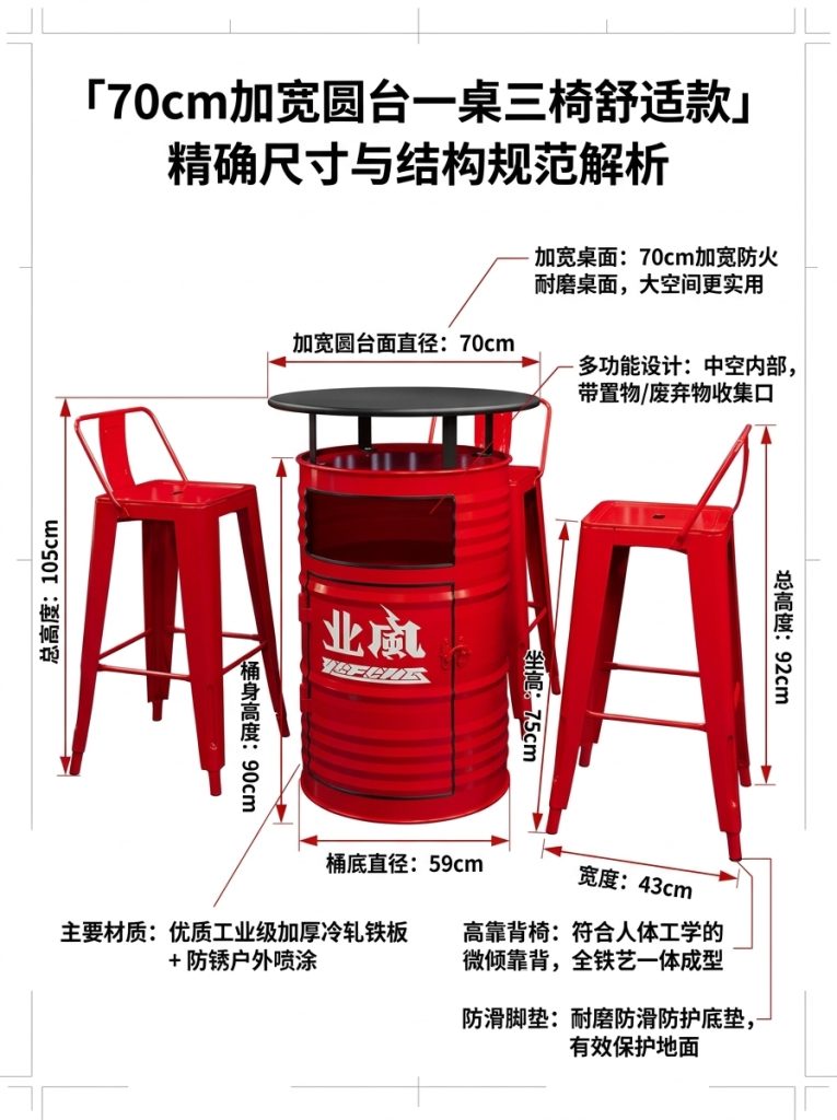 工业风油桶酒吧散台卡座桌椅创意户外休息区商用铁艺高脚桌椅组合 - 产品图片