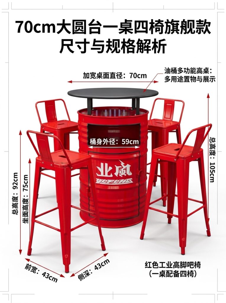 工业风油桶酒吧散台卡座桌椅创意户外休息区商用铁艺高脚桌椅组合 - 产品图片