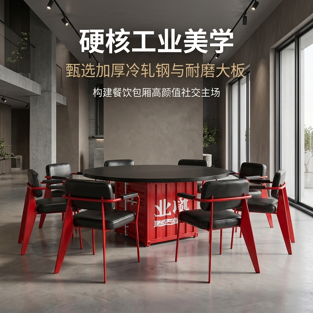 工业风实木餐桌网红烤肉店烧烤店多人包厢个性铁艺圆形餐桌椅组合 - 产品图片