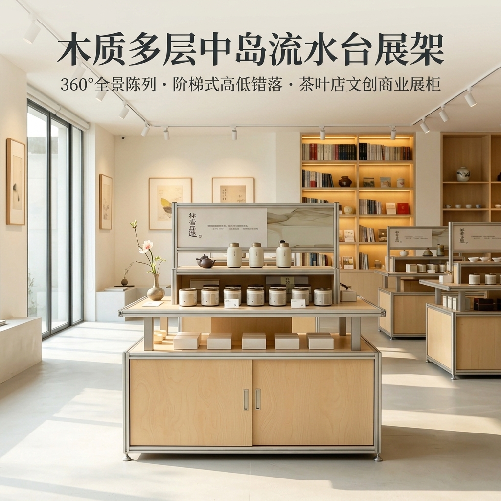 木质多层展示架中岛流水台商业陈列架简约现代展柜茶叶店文创展柜 - 产品图片