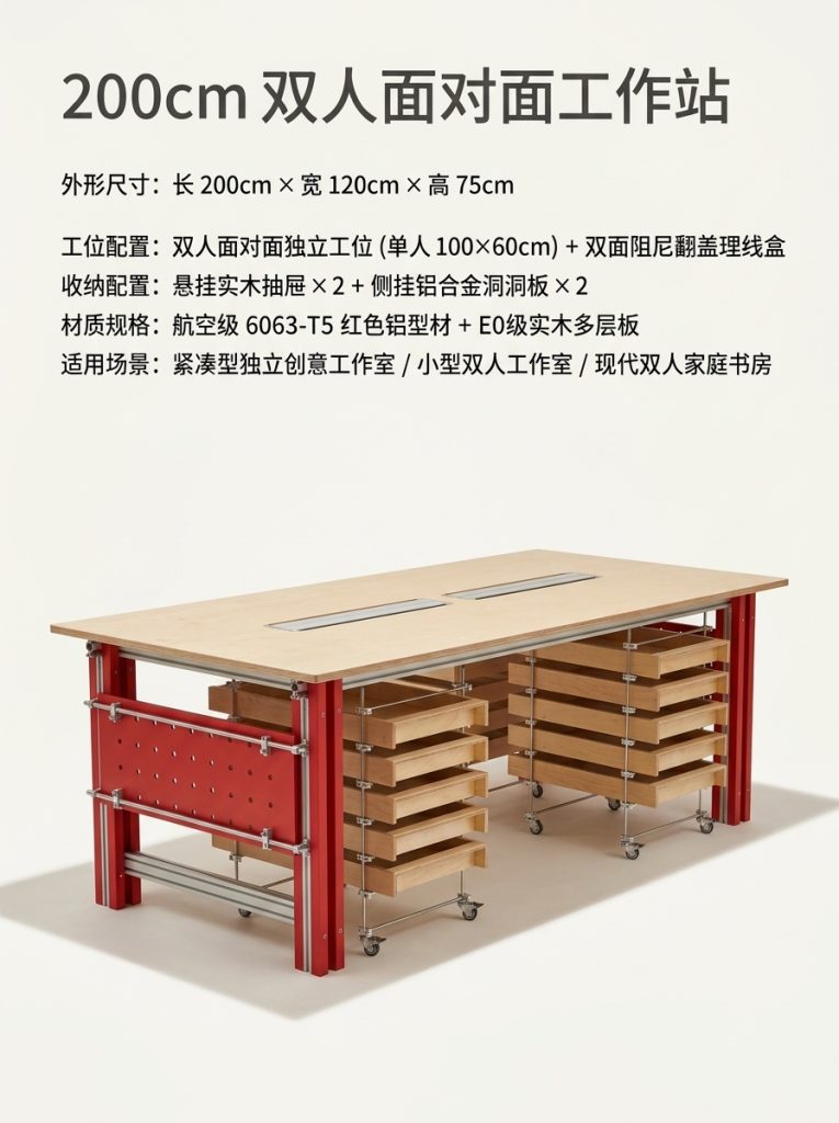 包豪斯风铝合金办公桌2人一体式储物抽屉穿线孔简约电脑桌 - 产品图片