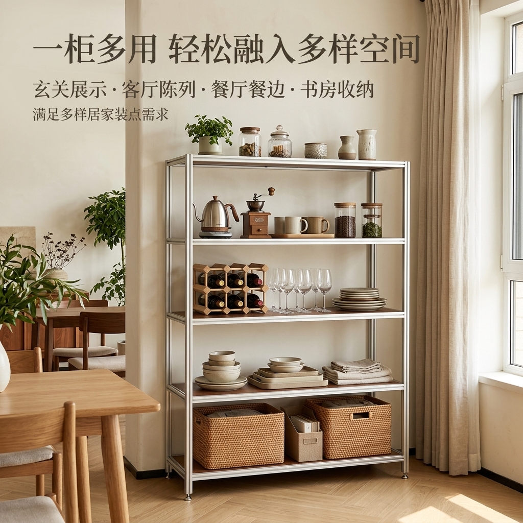 铝型材复古客厅置物架落地靠墙陈列柜多层收纳架轻奢高级感陈列架 - 产品图片