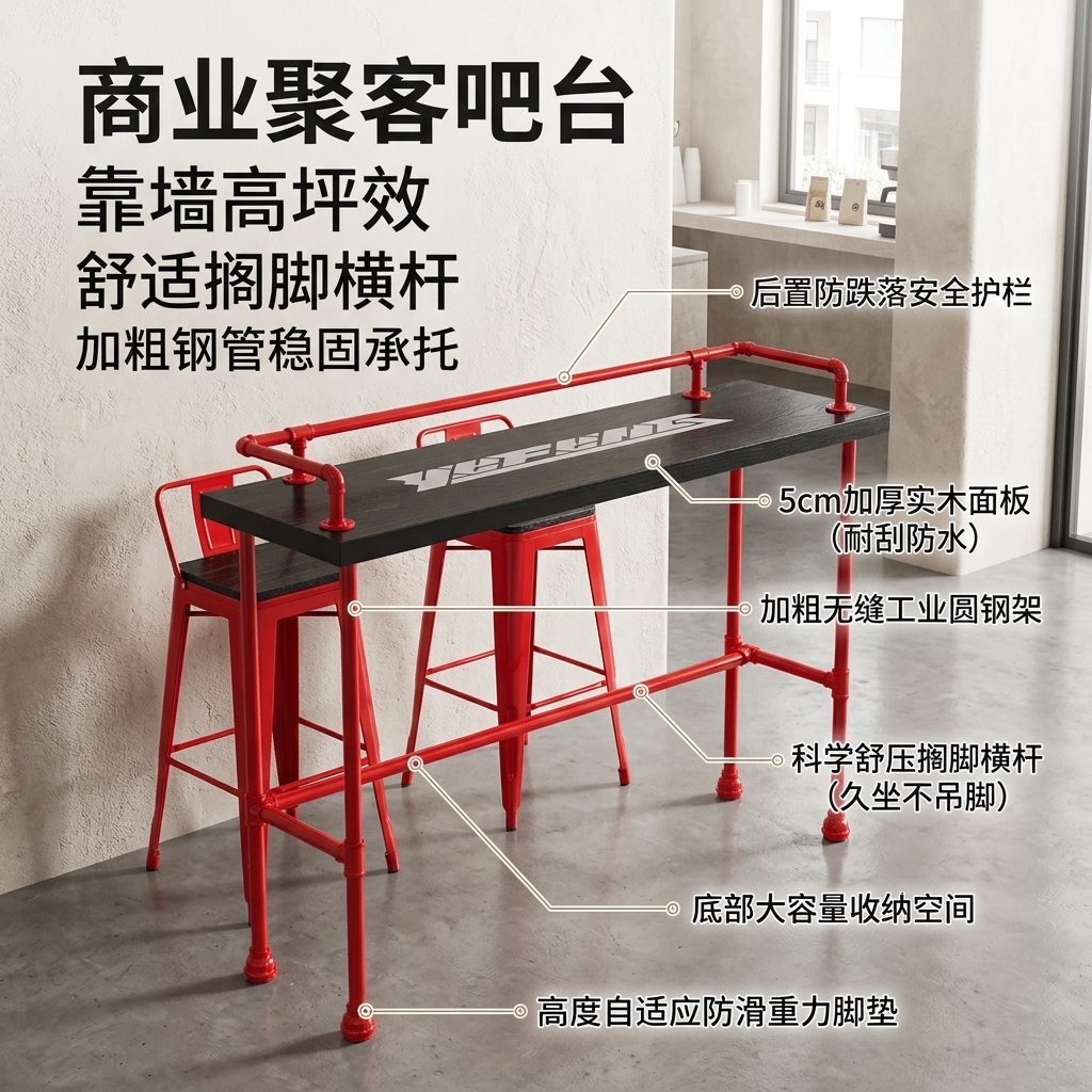 实木吧台桌酒吧奶茶店桌椅组合家用靠墙创意高脚桌铁艺吧台长条桌 - 产品图片