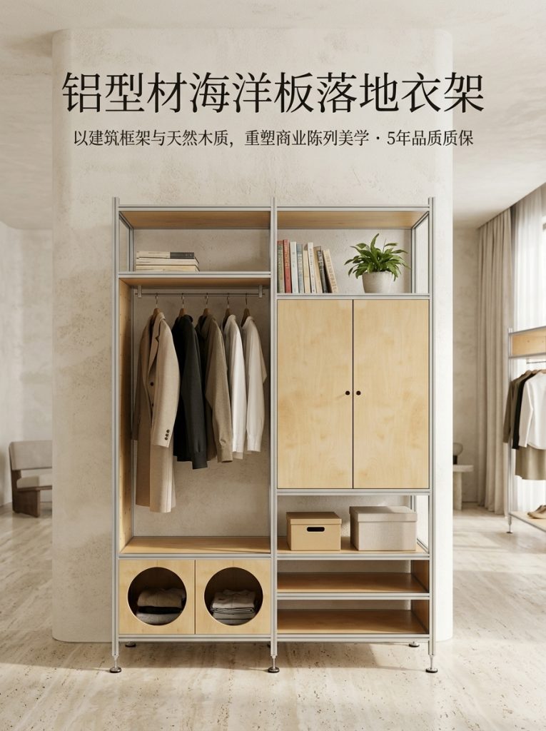 铝型材海洋板木制落地衣帽架服装店轻奢店原木装修服装工作室衣柜 - 产品图片