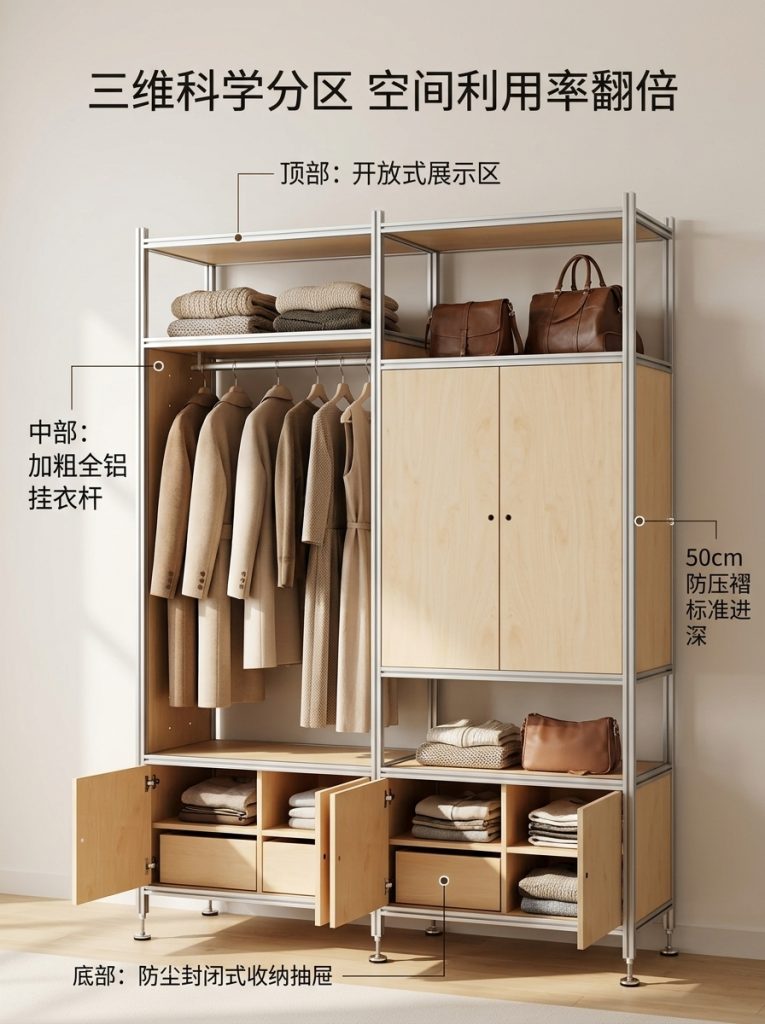 铝型材海洋板木制落地衣帽架服装店轻奢店原木装修服装工作室衣柜 - 产品图片