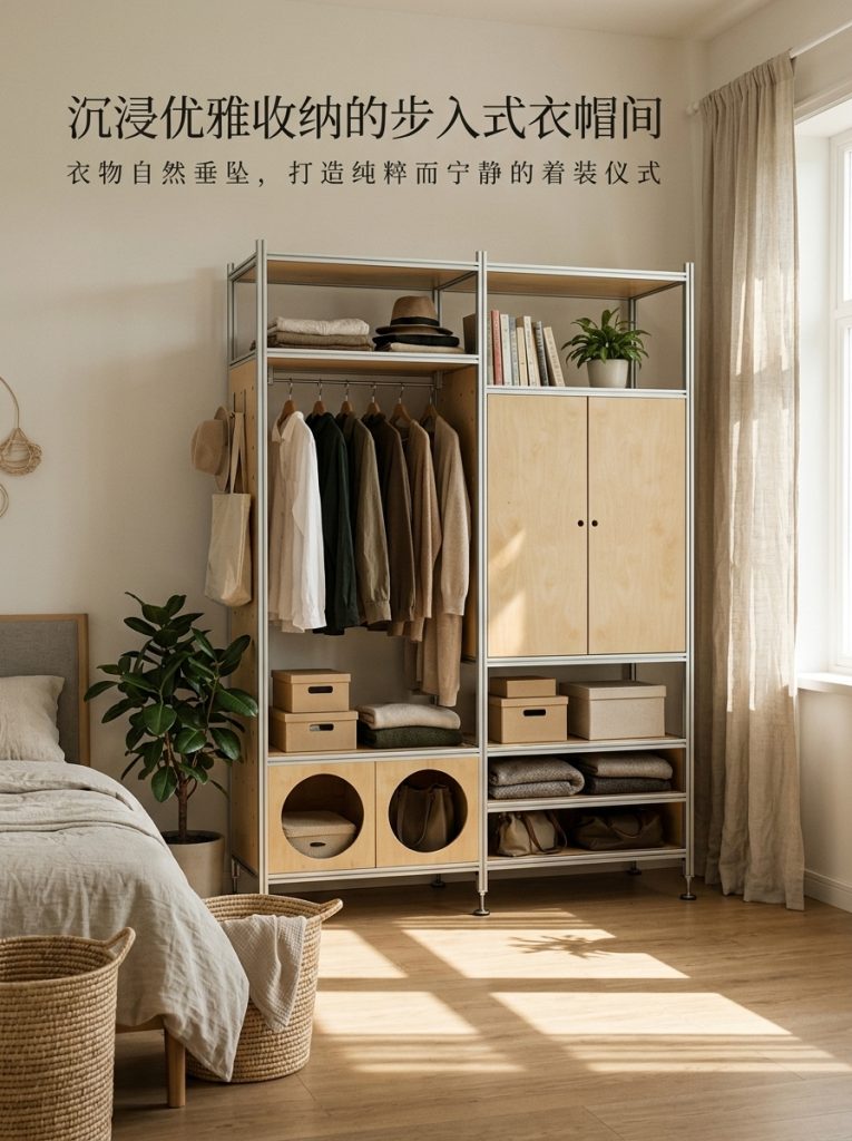 铝型材海洋板木制落地衣帽架服装店轻奢店原木装修服装工作室衣柜 - 产品图片