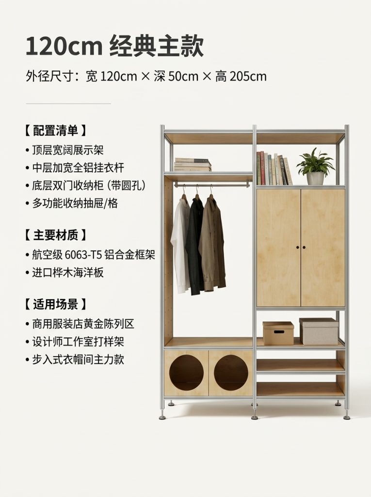 铝型材海洋板木制落地衣帽架服装店轻奢店原木装修服装工作室衣柜 - 产品图片