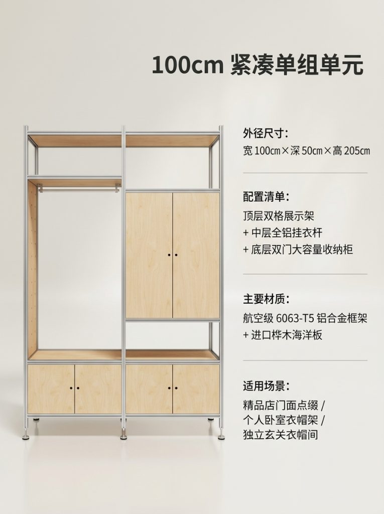 铝型材海洋板木制落地衣帽架服装店轻奢店原木装修服装工作室衣柜 - 产品图片