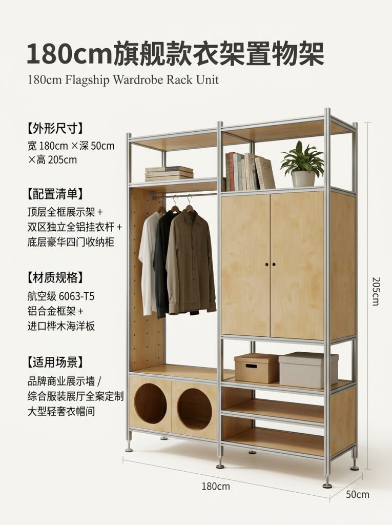 铝型材海洋板木制落地衣帽架服装店轻奢店原木装修服装工作室衣柜 - 产品图片