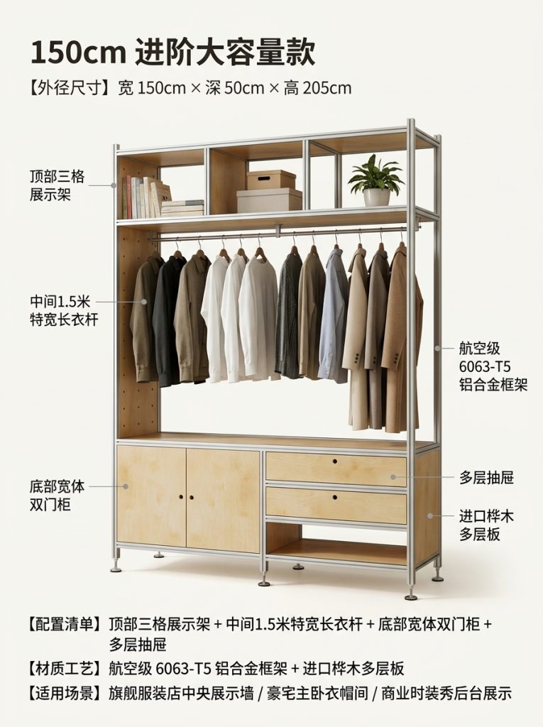 铝型材海洋板木制落地衣帽架服装店轻奢店原木装修服装工作室衣柜 - 产品图片