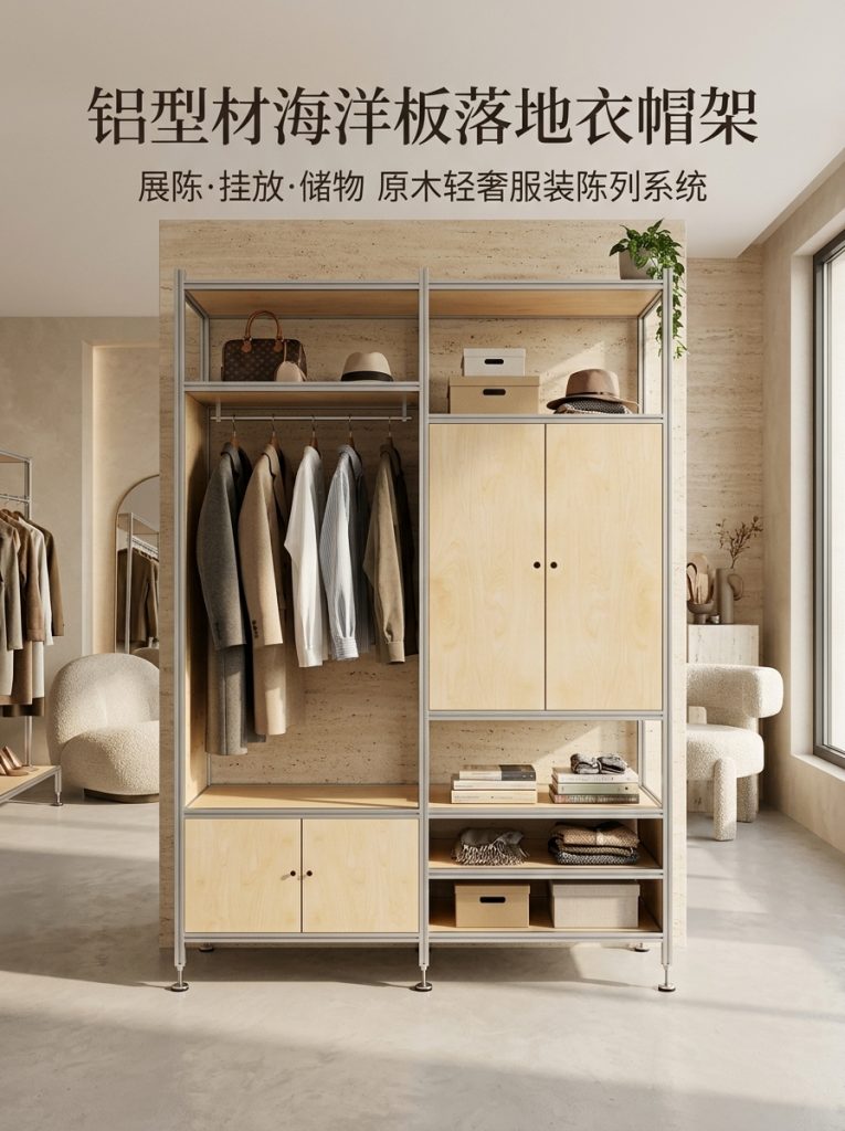铝型材海洋板木制落地衣帽架服装店轻奢店原木装修服装工作室衣柜 - 产品图片