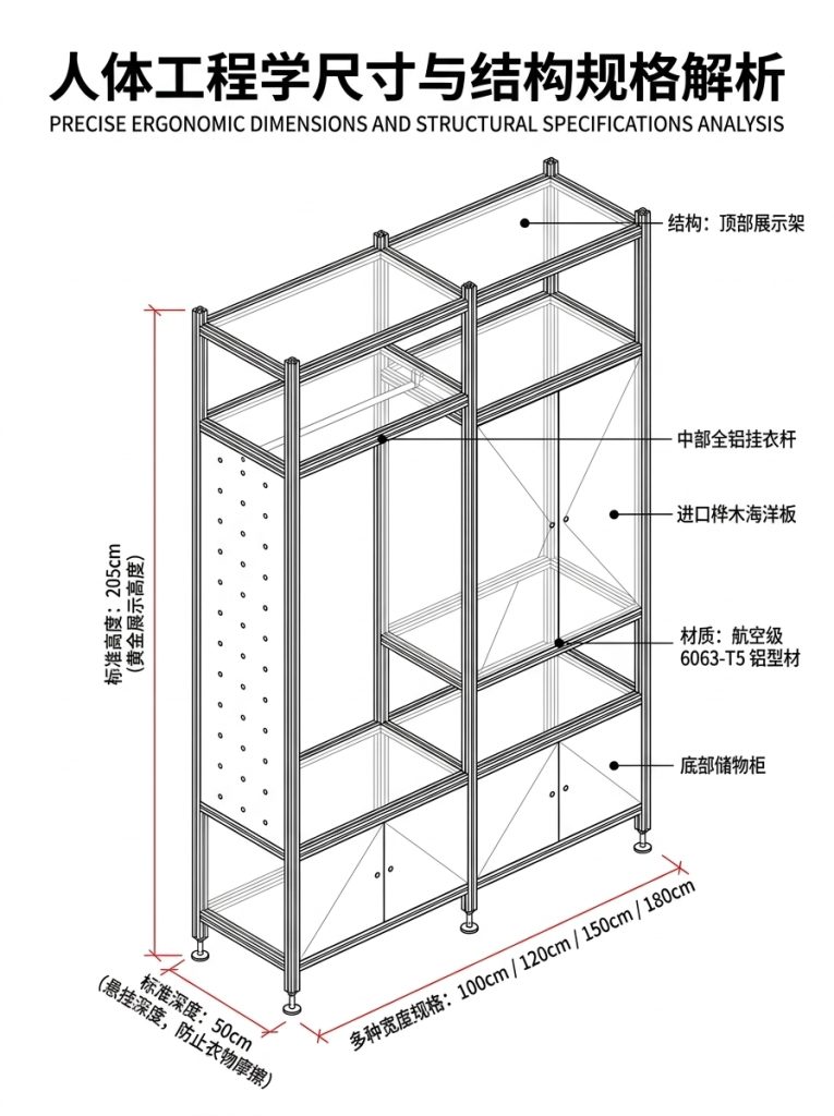 铝型材海洋板木制落地衣帽架服装店轻奢店原木装修服装工作室衣柜 - 产品图片