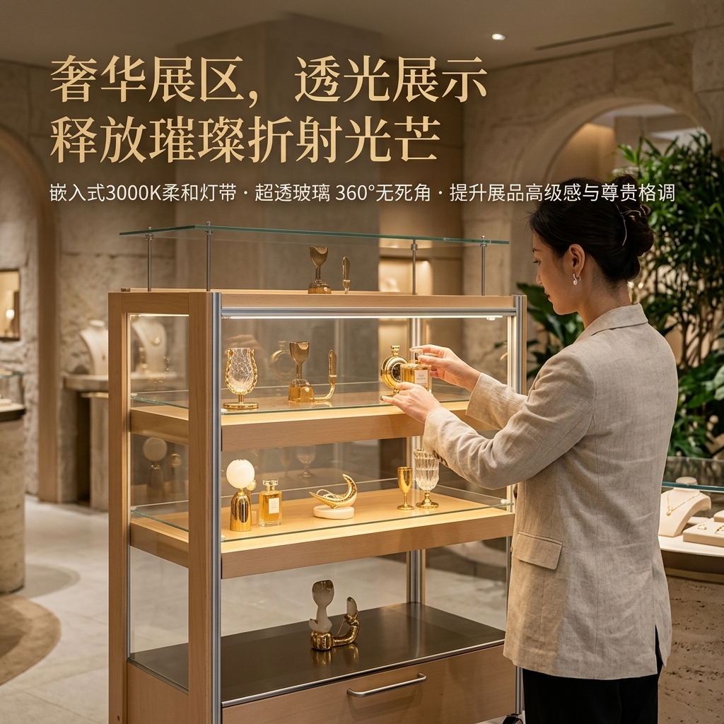 可移动玻璃展示柜多层储物柜海洋板铝型材陈列柜木质展柜可定制 - 产品图片