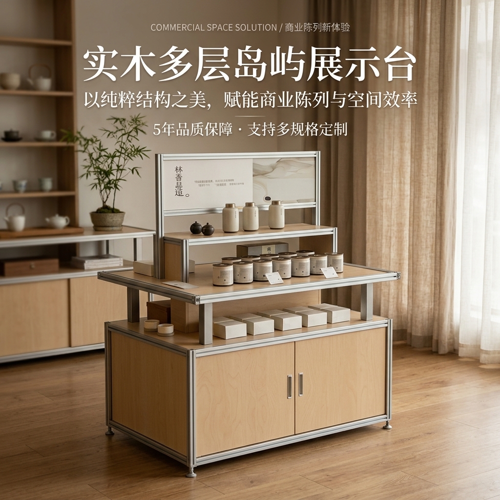 木质多层展示架中岛流水台商业陈列架简约现代展柜茶叶店文创展柜 - 产品图片