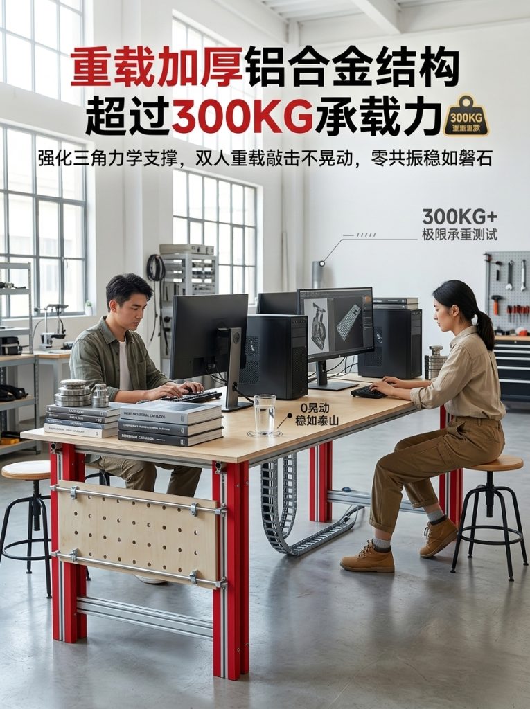 包豪斯风铝合金办公桌2人一体式储物抽屉穿线孔简约电脑桌 - 产品图片
