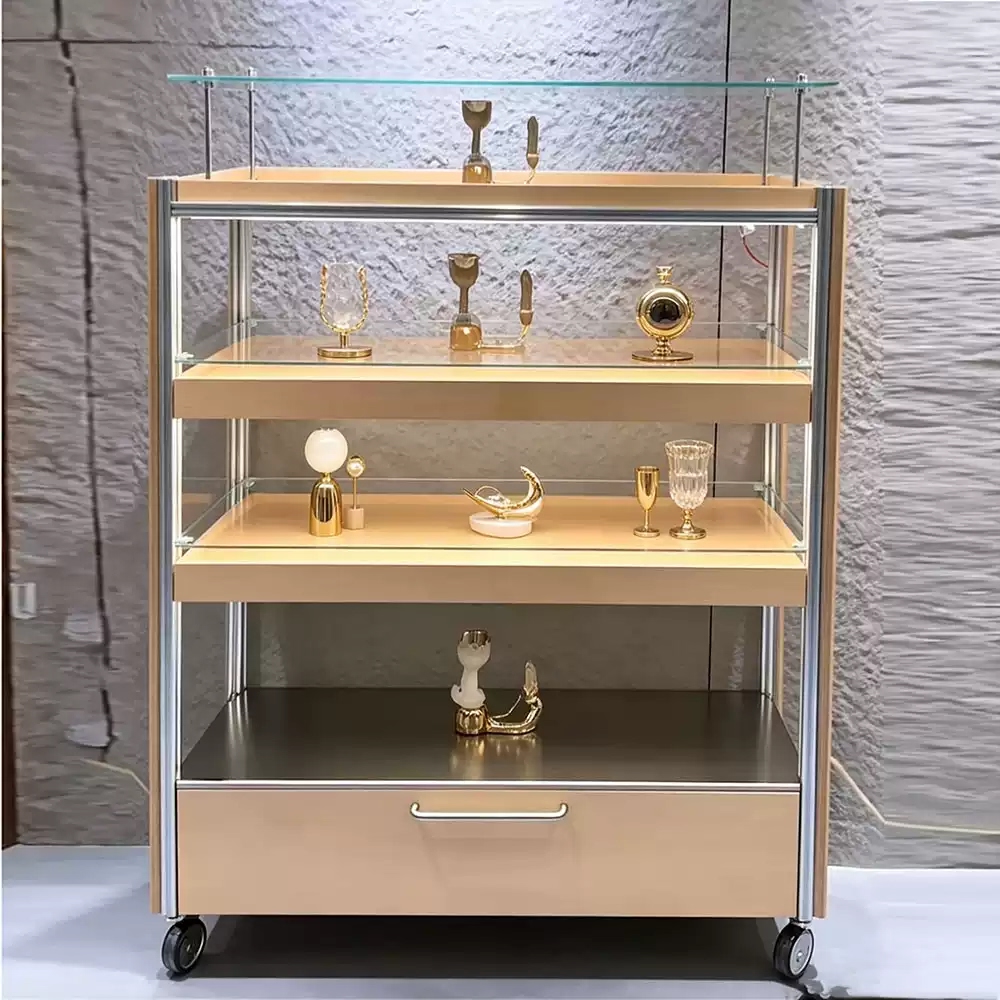 可移动玻璃展示柜多层储物柜海洋板铝型材陈列柜木质展柜可定制 - 产品图片